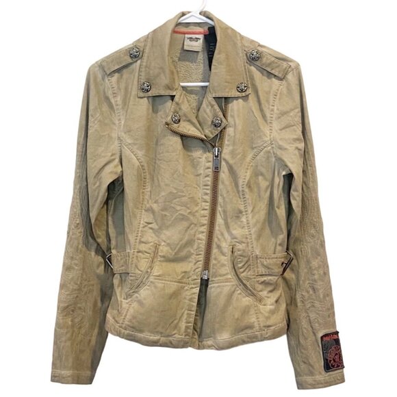 Harley-Davidson Tan Embroidered Sugar Skull Moto Style Jacket Size Small - Picture 1 of 9